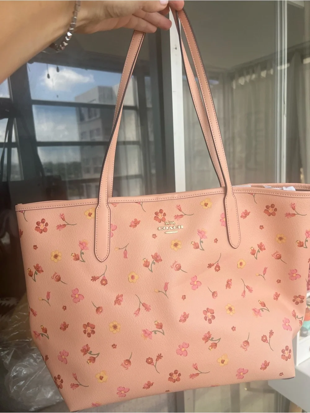 New Coach Peach Floral Tote with Pink and Yellow Blooms